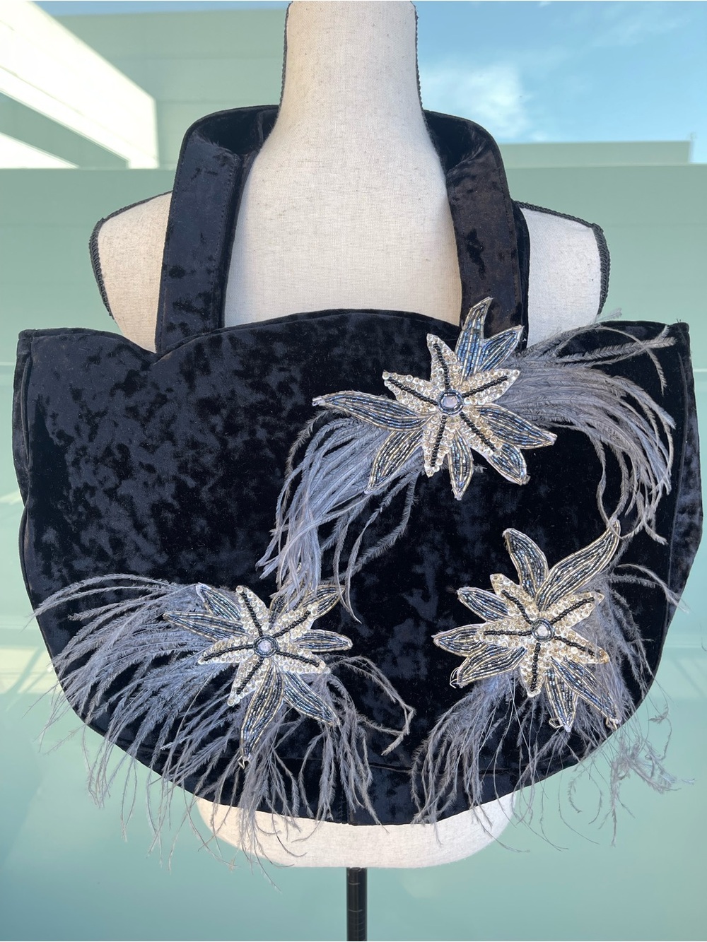 Vintage Black Velvet Silver Beaded Blue Feather Tote Bag